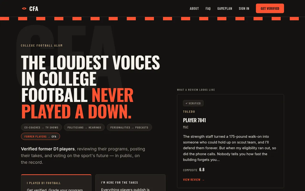 The College Football Alum homepage: "The loudest voices in college football never played a down," beside a sample verified player review.
